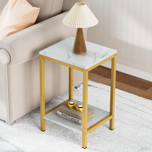 White Faux Marble End Tables Small Side Table with Storage Wood Night Stand Gold Metal Frames 2 Tier Bedside Table - Image 5