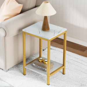 White Faux Marble End Tables Small Side Table with Storage Wood Night Stand Gold Metal Frames 2 Tier Bedside Table