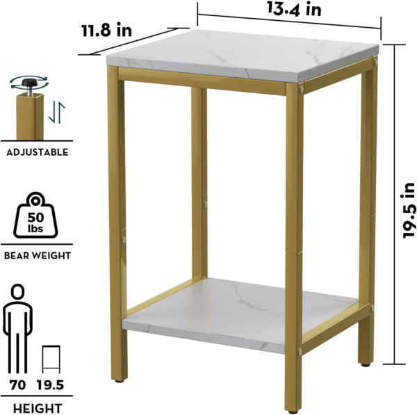 White Faux Marble End Tables Small Side Table with Storage Wood Night Stand Gold Metal Frames 2 Tier Bedside Table - Image 4