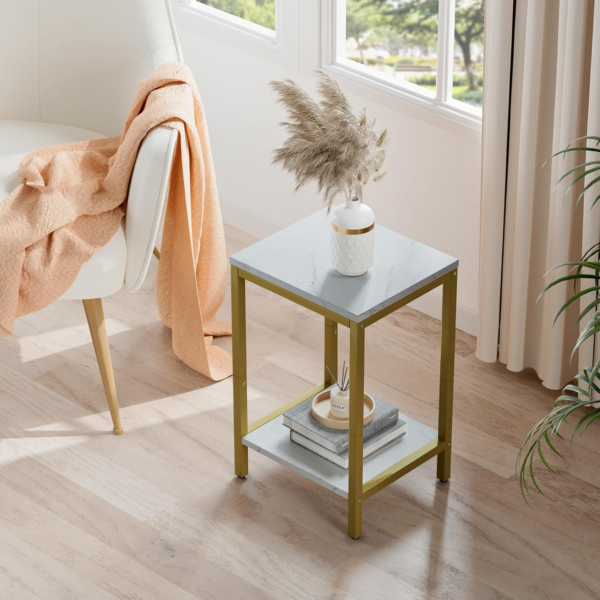 White Faux Marble End Tables Small Side Table with Storage Wood Night Stand Gold Metal Frames 2 Tier Bedside Table - Image 2