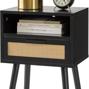 Rattan Nightstand, Boho Side Table with Drawer Open Shelf, Wood Accent Bedside Table