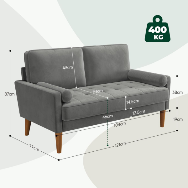 Small 2 Seater Sofa Grey, Comfy Sofa Couch with Spring Cushion - Image 6
