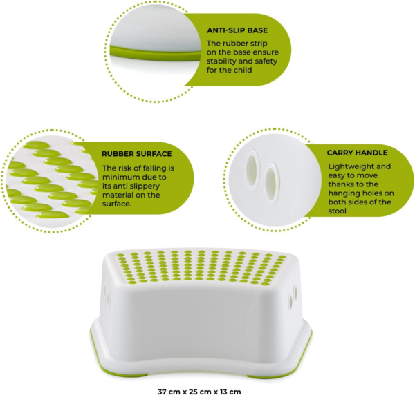 Sturdy Step Stool for Bathroom, Practical Non-Slip Toilet Step in White and Green for Kids - Image 3