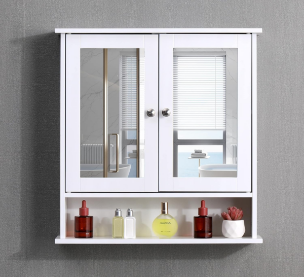 White Bathroom Wall Cabinet with Mirrored Double Doors Storage Cupboard MDF & Shelves - Image 8