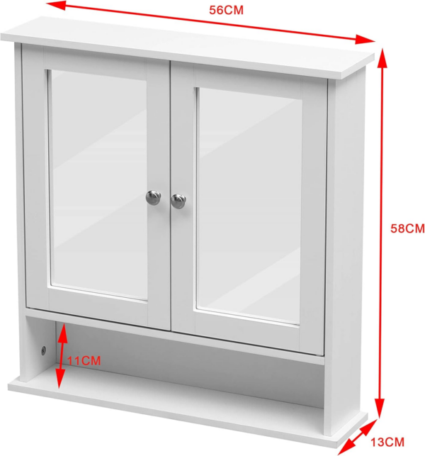White Bathroom Wall Cabinet with Mirrored Double Doors Storage Cupboard MDF & Shelves - Image 7