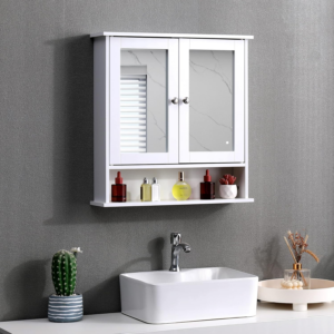 White Bathroom Wall Cabinet with Mirrored Double Doors Storage Cupboard MDF & Shelves