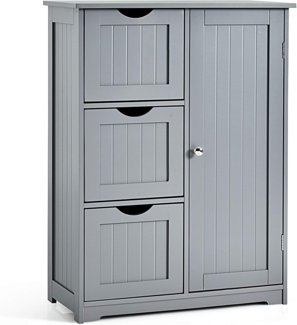 Bathroom Floor Cabinet, Wooden Free Standing Storage Cupboard with 3/4 Drawers, Adjustable Shelf and Door