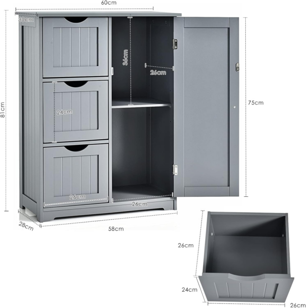 Bathroom Floor Cabinet, Wooden Free Standing Storage Cupboard with 3/4 Drawers, Adjustable Shelf and Door - Image 6
