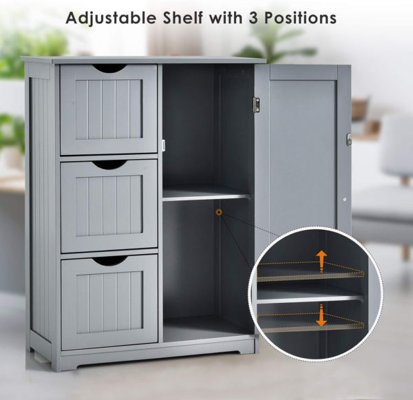Bathroom Floor Cabinet, Wooden Free Standing Storage Cupboard with 3/4 Drawers, Adjustable Shelf and Door - Image 5