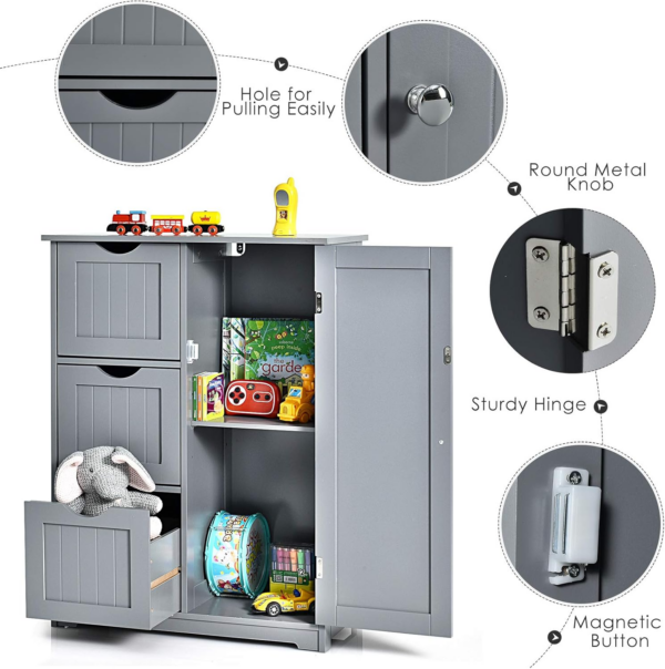 Bathroom Floor Cabinet, Wooden Free Standing Storage Cupboard with 3/4 Drawers, Adjustable Shelf and Door - Image 3