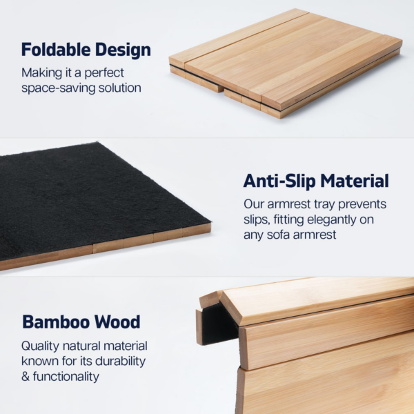 Sofa Arm Tray | Foldable Bamboo Wood Sofa Armrest Tray | Couch Arm Tray Organiser for Snack - Image 3
