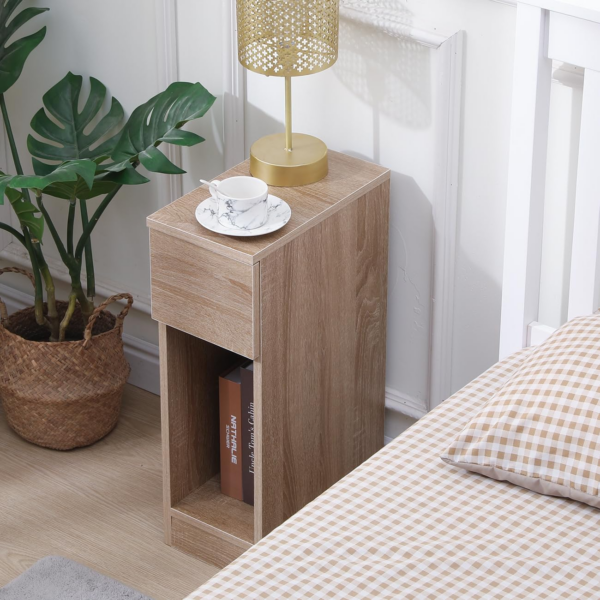 Slim Wood Bedside Table Bedroom Nightstand with Shelf and Drawer - Image 5