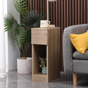 Slim Wood Bedside Table Bedroom Nightstand with Shelf and Drawer