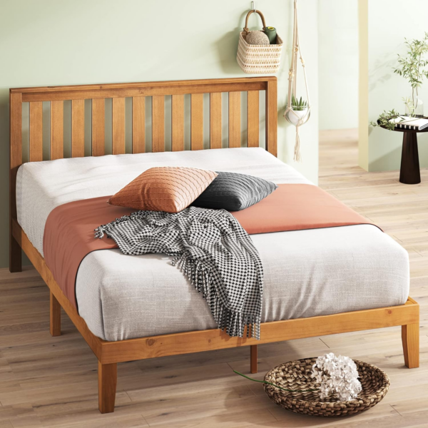 Double Bed frame - Bed 135x190 cm - 30 cm Height - Wood Platform Bed frame with Headboard - Rustic Pine Brown