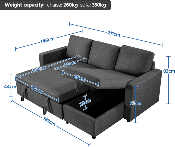Sofa Bed L-Shaped Couch Sofa Corner Sofa 3 Seater Pull out Sofa Bed with Storage - Image 7