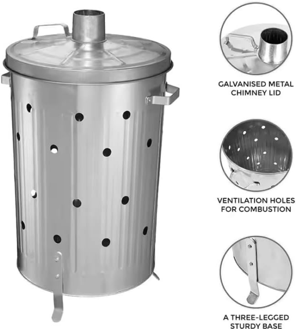 90 Litre Extra Large Galvanised Metal Incinerator, Garden Rubbish Fire Wood Burner - Image 5