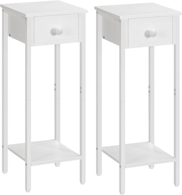 Slim Bedside Table, Set of 2, Tall Bedside Table with Drawer, Metal Frame, White Small Side Table - Image 7