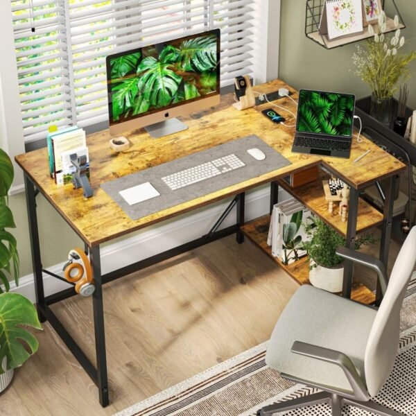 Small L Shaped Desk with Power Outlets&Hooks, 100x70cm Corner Computer Desk PC Gaming Desk - Image 4
