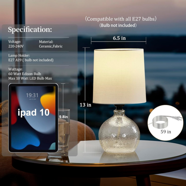 Table Lamp Set of 2, Glass Table Lamp for Bedside, Small Nightstand lamp with Glass Base - Image 2