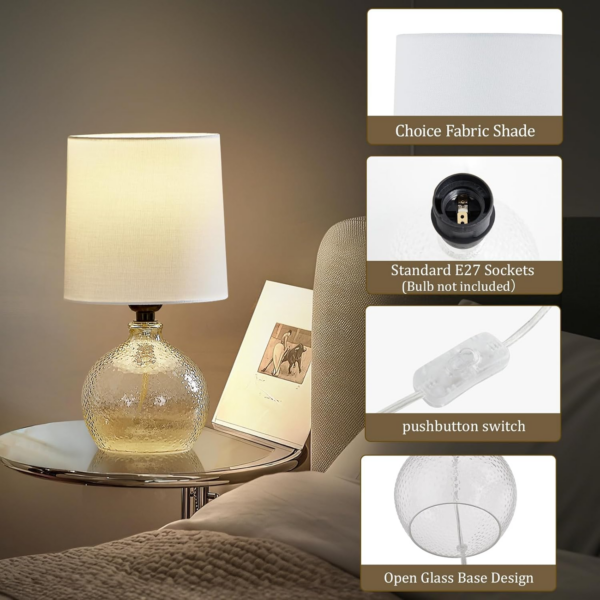 Table Lamp Set of 2, Glass Table Lamp for Bedside, Small Nightstand lamp with Glass Base - Image 4