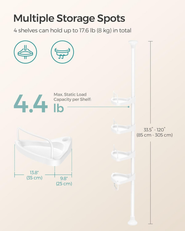 Shower Corner Shelf, 4-Tier Bathroom Shower Shelf, 85-305 cm Adjustable Shower Caddies, Bathroom Organiser - Image 2