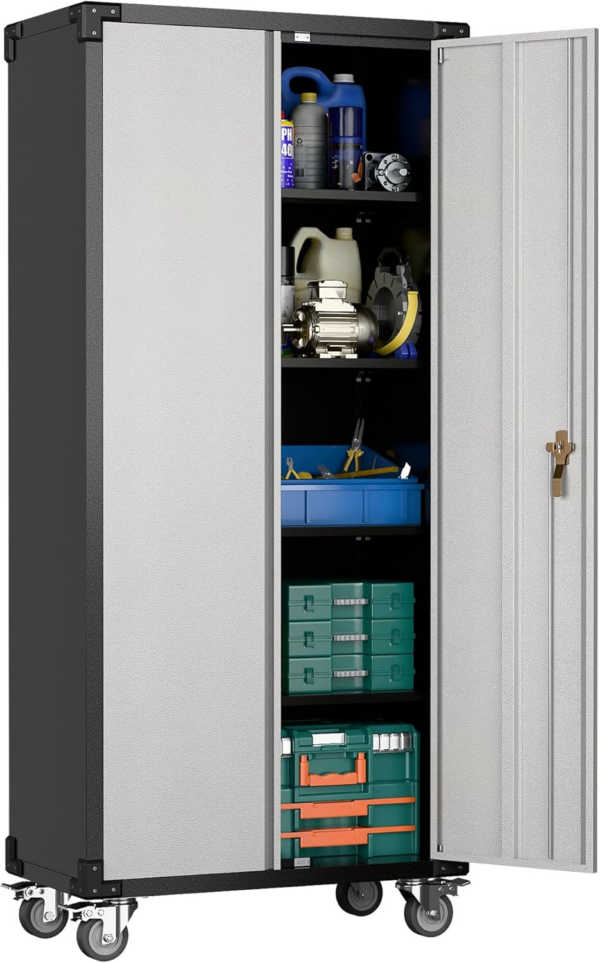 Tall Metal Storage Cabinets with Doors and 4 Adjustable Shelves, Lockable Rolling Cabinet Silver&Black - Image 6
