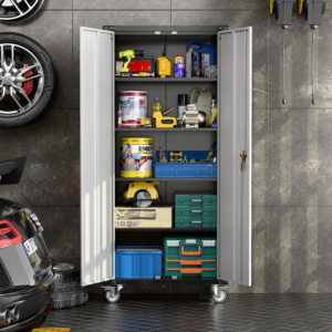 Tall Metal Storage Cabinets with Doors and 4 Adjustable Shelves, Lockable Rolling Cabinet Silver&Black