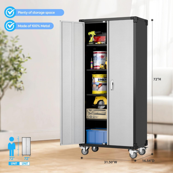 Tall Metal Storage Cabinets with Doors and 4 Adjustable Shelves, Lockable Rolling Cabinet Silver&Black - Image 5