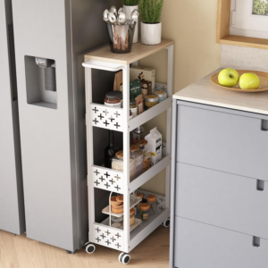 4-Tier Narrow kitchen trolley White, Thin trolley storage bathroom on Wheels with Wood Topand Metal Handle, for Small Space