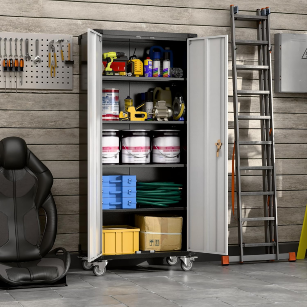 Tall Metal Storage Cabinets with Doors and 4 Adjustable Shelves, Lockable Rolling Cabinet Silver&Black - Image 4