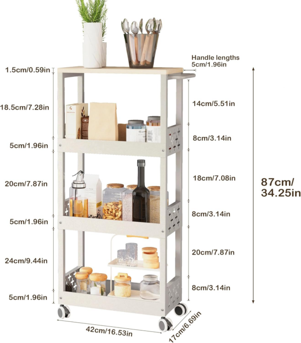 4-Tier Narrow kitchen trolley White, Thin trolley storage bathroom on Wheels with Wood Topand Metal Handle, for Small Space - Image 5