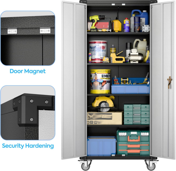 Tall Metal Storage Cabinets with Doors and 4 Adjustable Shelves, Lockable Rolling Cabinet Silver&Black - Image 3