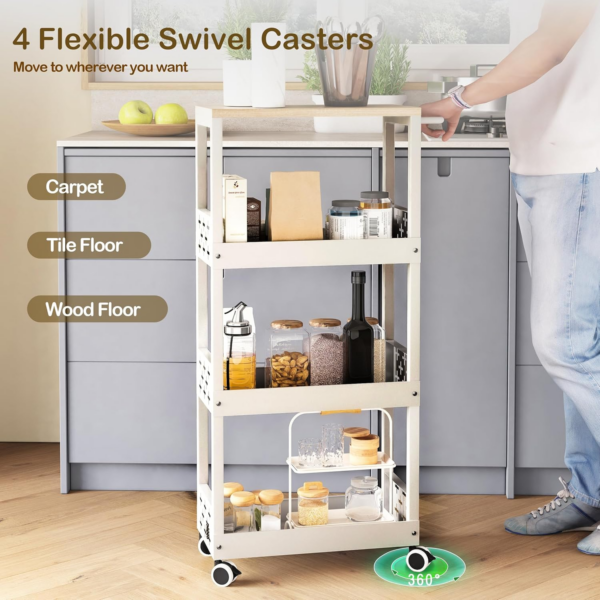 4-Tier Narrow kitchen trolley White, Thin trolley storage bathroom on Wheels with Wood Topand Metal Handle, for Small Space - Image 4