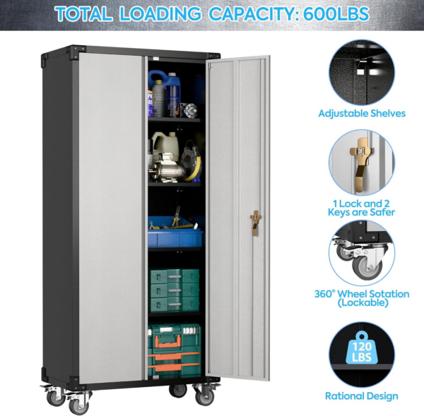 Tall Metal Storage Cabinets with Doors and 4 Adjustable Shelves, Lockable Rolling Cabinet Silver&Black - Image 2
