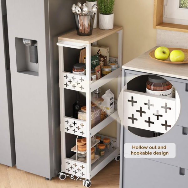 4-Tier Narrow kitchen trolley White, Thin trolley storage bathroom on Wheels with Wood Topand Metal Handle, for Small Space - Image 3
