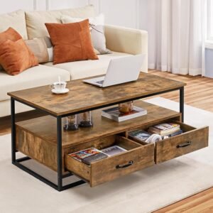 Coffee Table with Storage Drawers, Industrial Side Tea Table for Living Room Home Furniture, Metal Frame