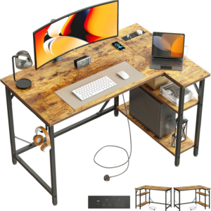 Small L Shaped Desk with Power Outlets&Hooks, 100x70cm Corner Computer Desk PC Gaming Desk