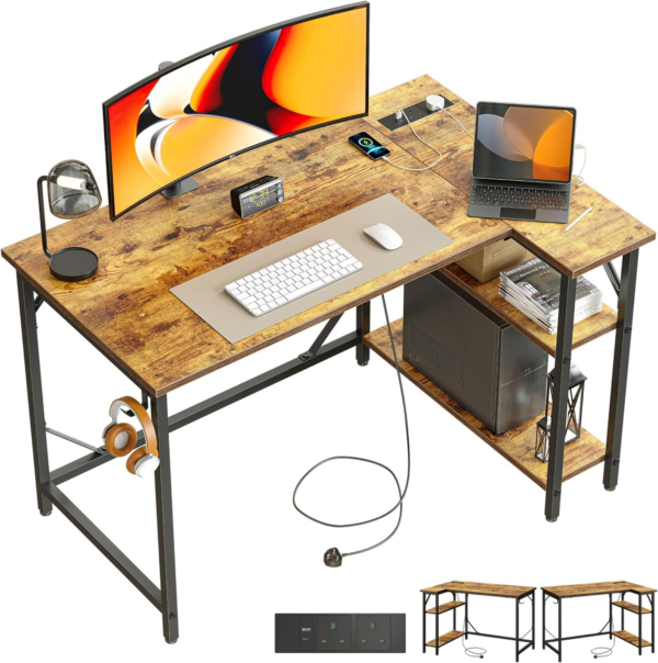 Small L Shaped Desk with Power Outlets&Hooks, 100x70cm Corner Computer Desk PC Gaming Desk