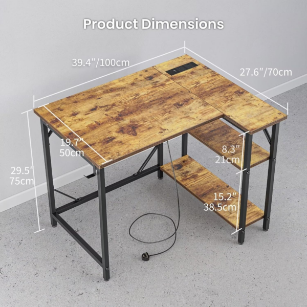 Small L Shaped Desk with Power Outlets&Hooks, 100x70cm Corner Computer Desk PC Gaming Desk - Image 3