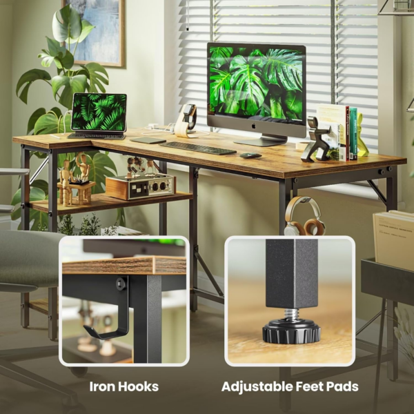 Small L Shaped Desk with Power Outlets&Hooks, 100x70cm Corner Computer Desk PC Gaming Desk - Image 2