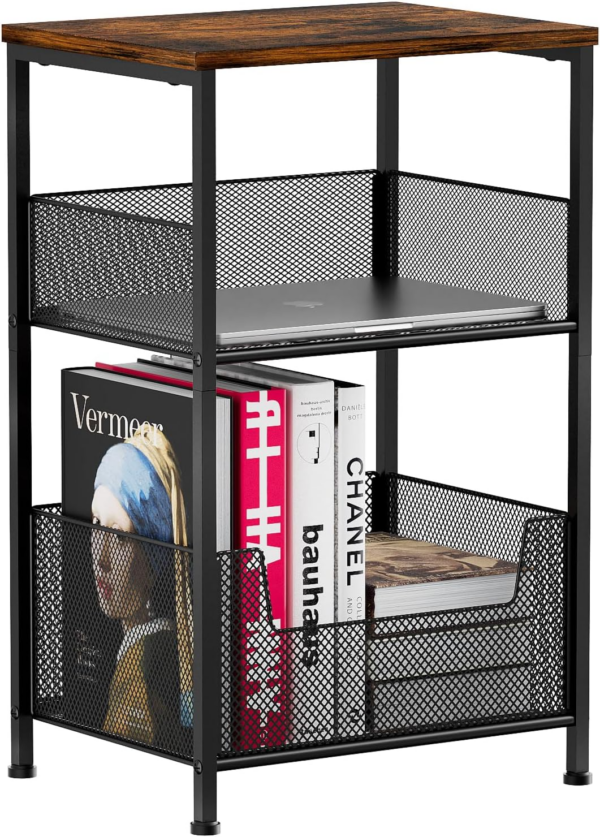 3 Tier Side Table, End Table Nightstand with Storage Shelf Basket, Industrial Bedside Table Sofa Side Table - Image 5