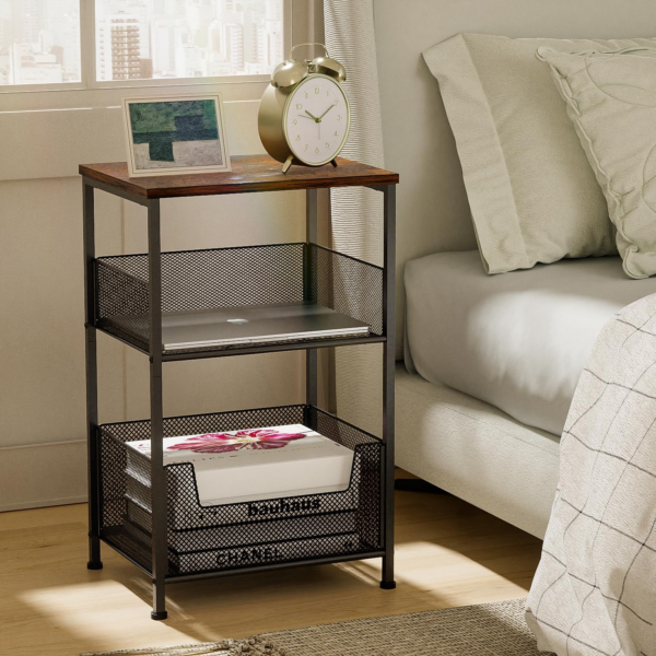 3 Tier Side Table, End Table Nightstand with Storage Shelf Basket, Industrial Bedside Table Sofa Side Table - Image 3