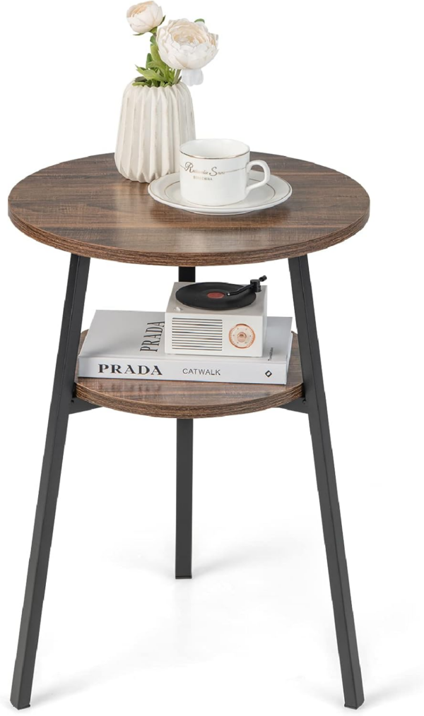 Round Side Table, 2-Tier Industrial Sofa End Table Small Nightstand with Storage Shelf