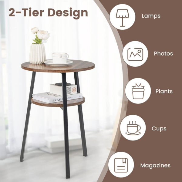 Round Side Table, 2-Tier Industrial Sofa End Table Small Nightstand with Storage Shelf - Image 5