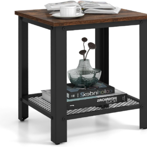 2-Tier Industrial Side Table, Metal Frame End Table with Mesh Shelf, Square