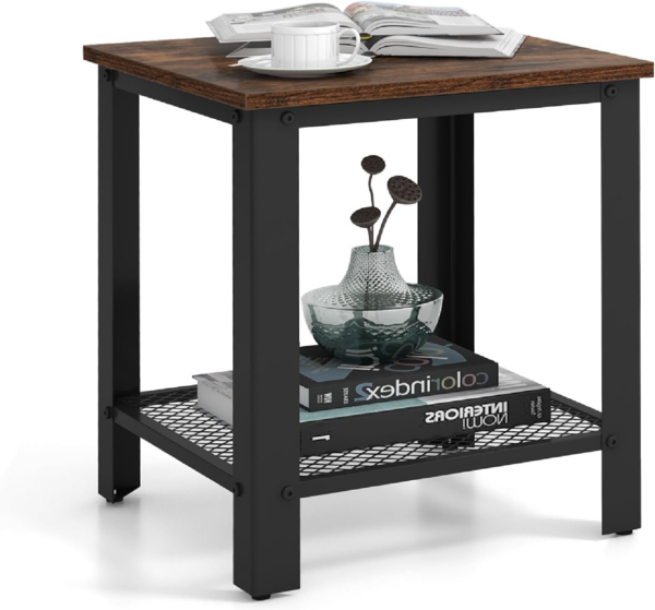 2-Tier Industrial Side Table, Metal Frame End Table with Mesh Shelf, Square