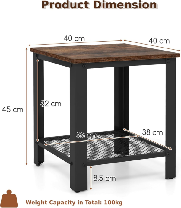 2-Tier Industrial Side Table, Metal Frame End Table with Mesh Shelf, Square - Image 4