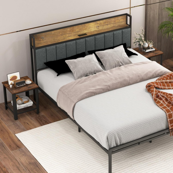 2-Tier Industrial Side Table, Metal Frame End Table with Mesh Shelf, Square - Image 3