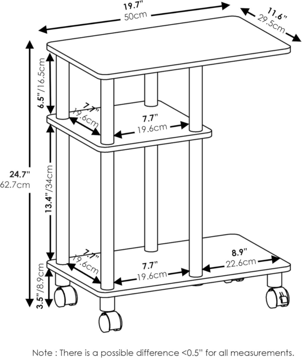 Turn-N-Tube U Shape Sofa Side Table with Casters, Amber Pine/Black - Image 5