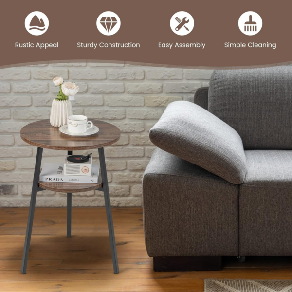 Round Side Table, 2-Tier Industrial Sofa End Table Small Nightstand with Storage Shelf - Image 2